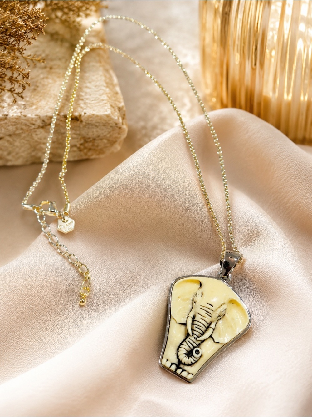 Origami Owl Elephant Pendant Necklace Silver Tone Ivory Resin Animal Statement